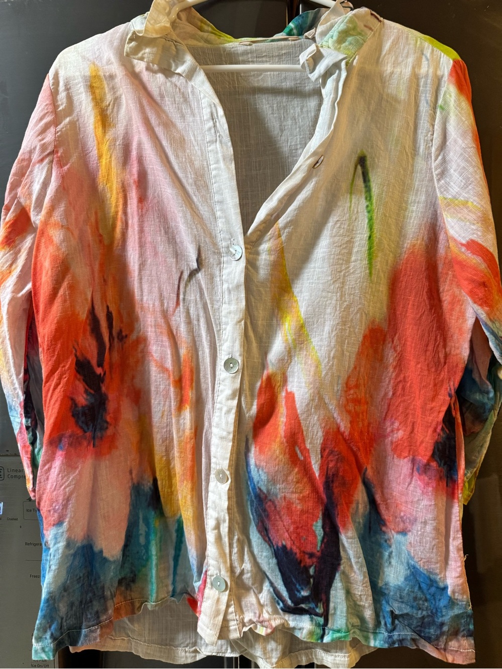 Soft Surroundings Women's White Multi-Color Painted Button-Up Shirt L